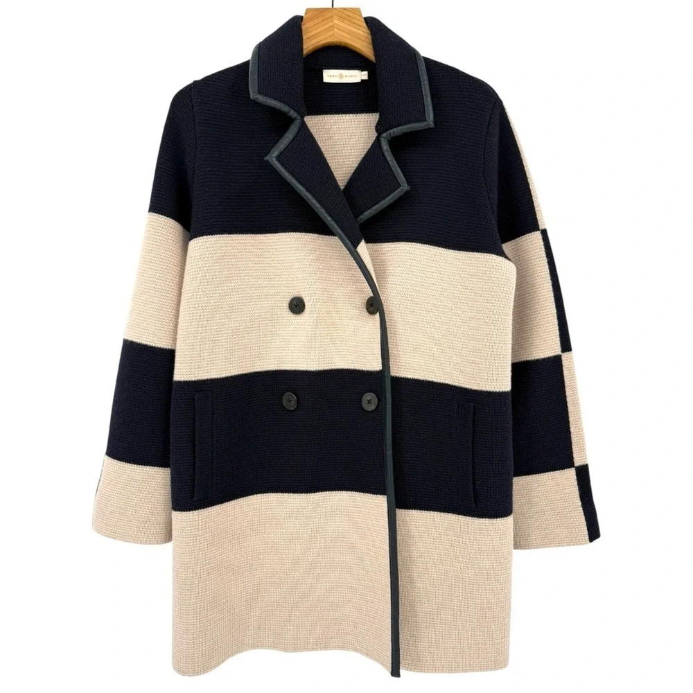Tory Burch Nautical Colorblock Heavyweight Merino Wool Double Breasted Coat S